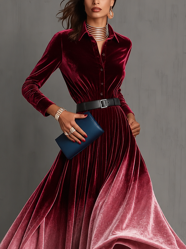 Odessa | Women's Velvet Ombre Shirt Collar Maxi Dress