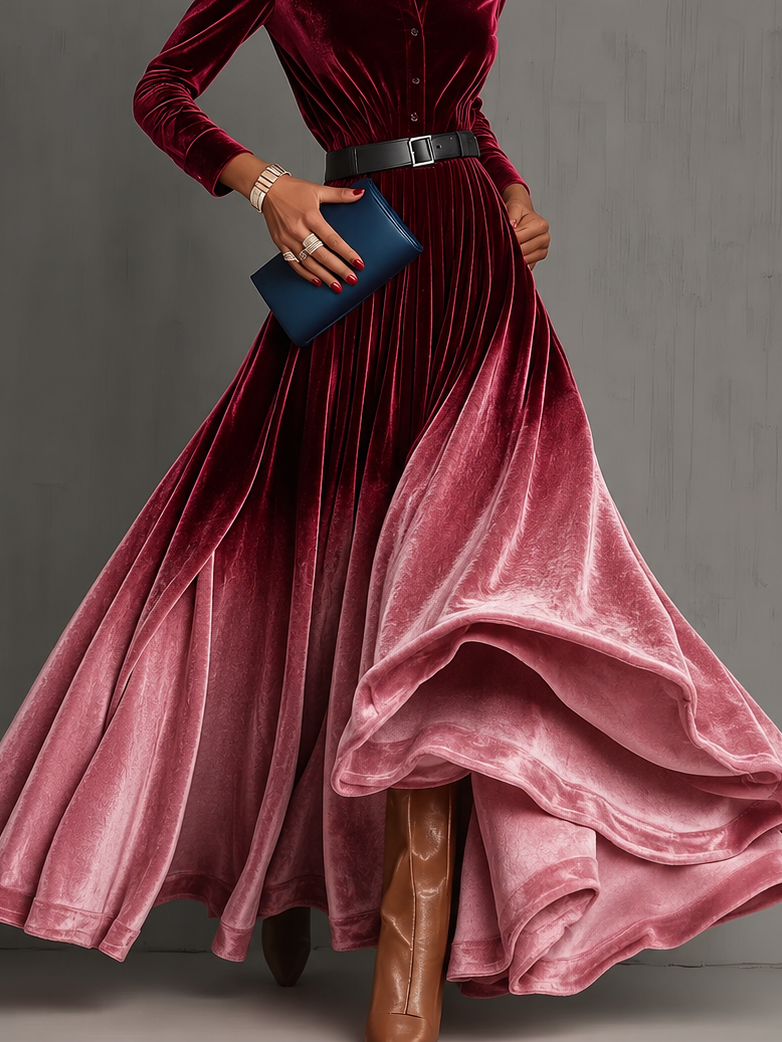 Odessa | Women's Velvet Ombre Shirt Collar Maxi Dress