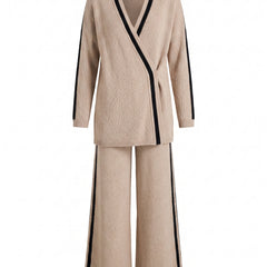 Louisa beige striped knit two-piece pants set, ghost mannequin product shot
