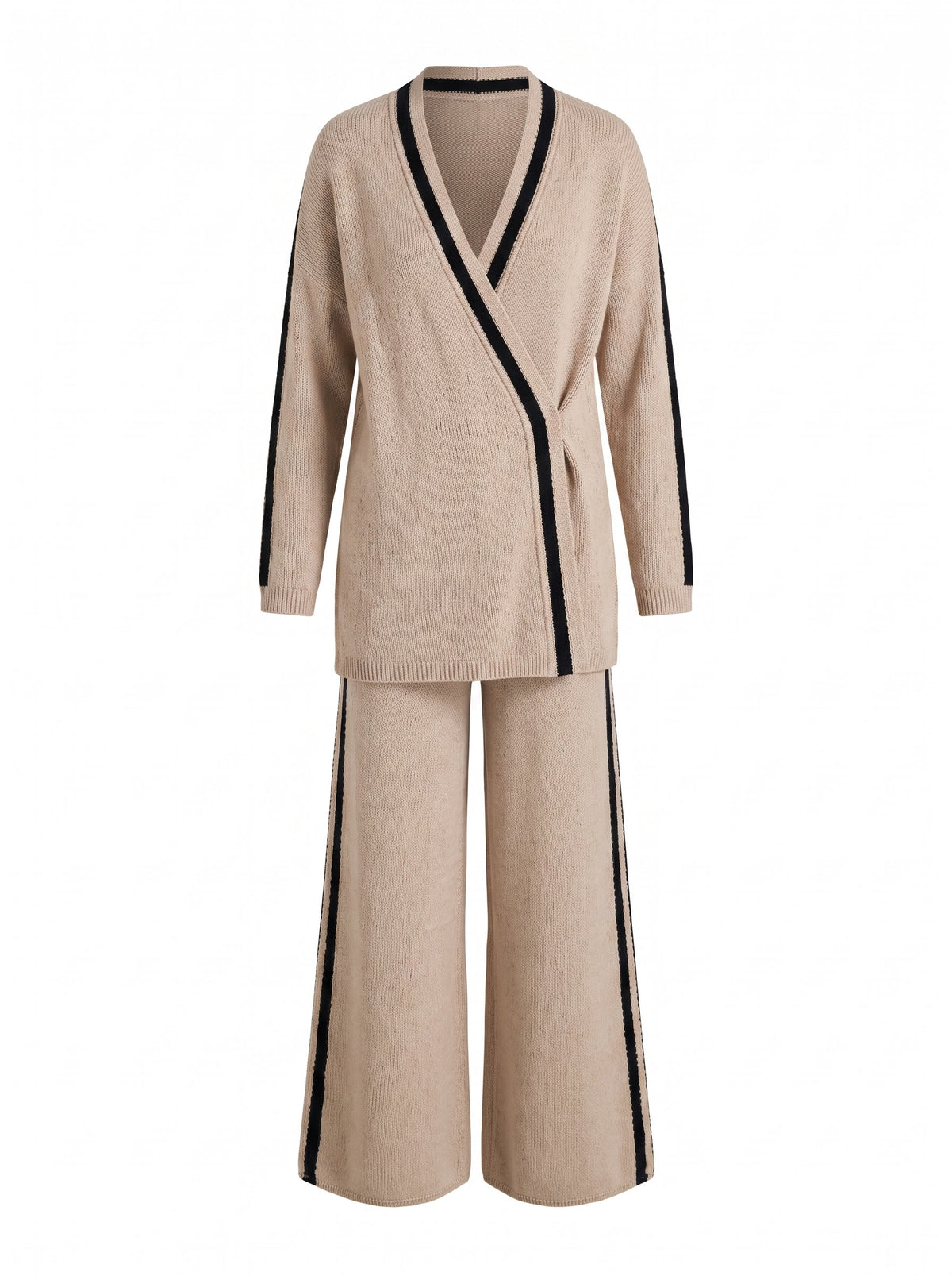 Louisa beige striped knit two-piece pants set, ghost mannequin product shot