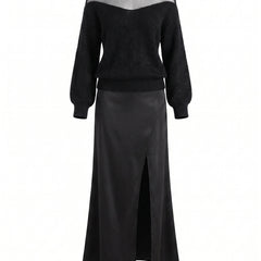 Gilda black sheer off-shoulder sweater and satin slit skirt set, studio product shot
