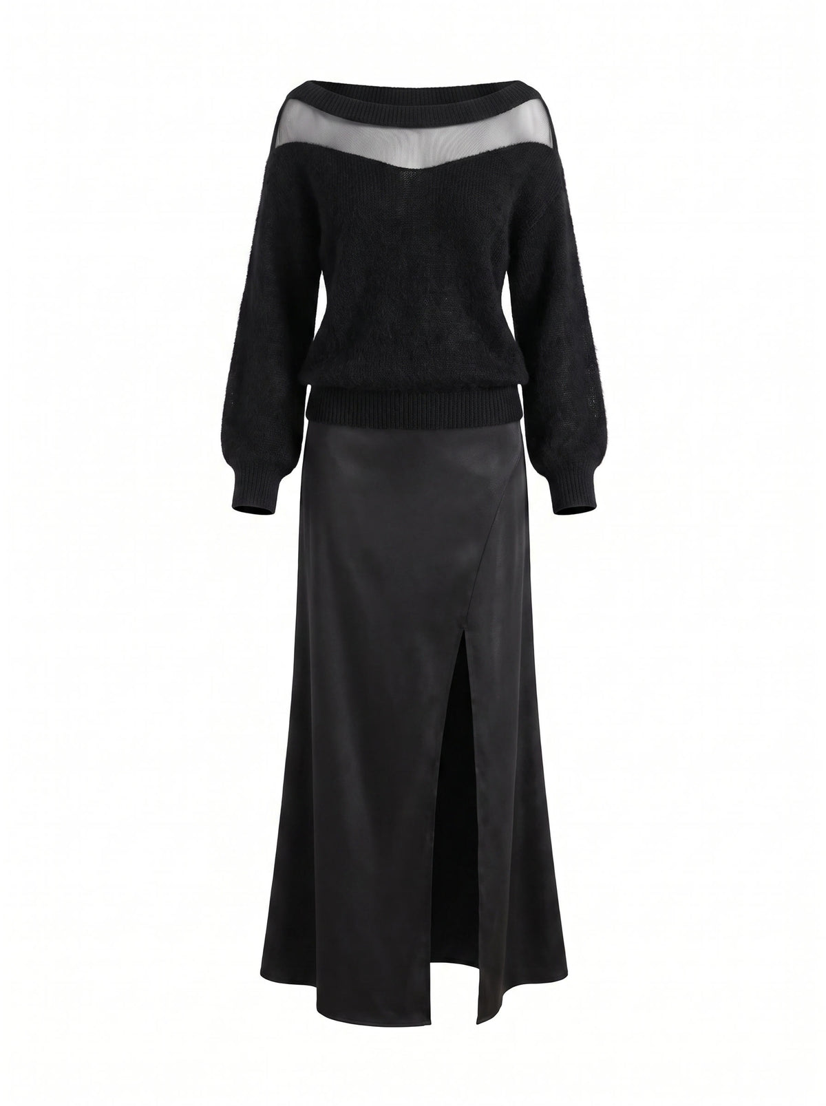 Gilda black sheer off-shoulder sweater and satin slit skirt set, studio product shot