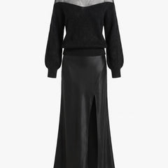 Gilda black sheer off-shoulder sweater and satin slit skirt set, ghost mannequin studio product shot