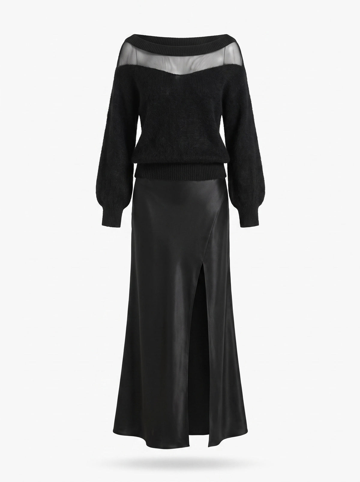 Gilda black sheer off-shoulder sweater and satin slit skirt set, ghost mannequin studio product shot