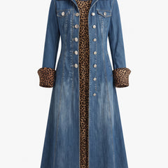 Sigrid Women's Western-Style Leopard-Trim Denim Trench Coat