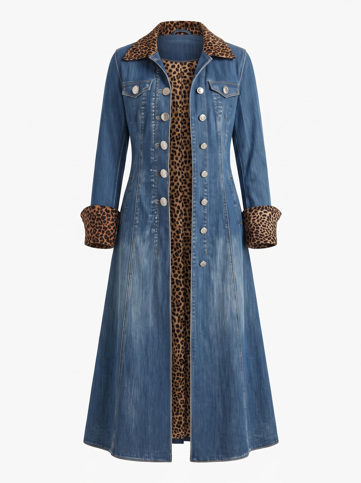 Sigrid Women's Western-Style Leopard-Trim Denim Trench Coat