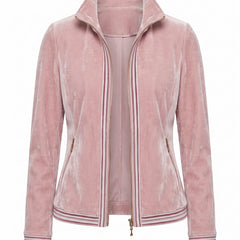 Gilda Women's Striped-Trim Velvet Zip Jacket in pink velvet, ghost mannequin studio shot