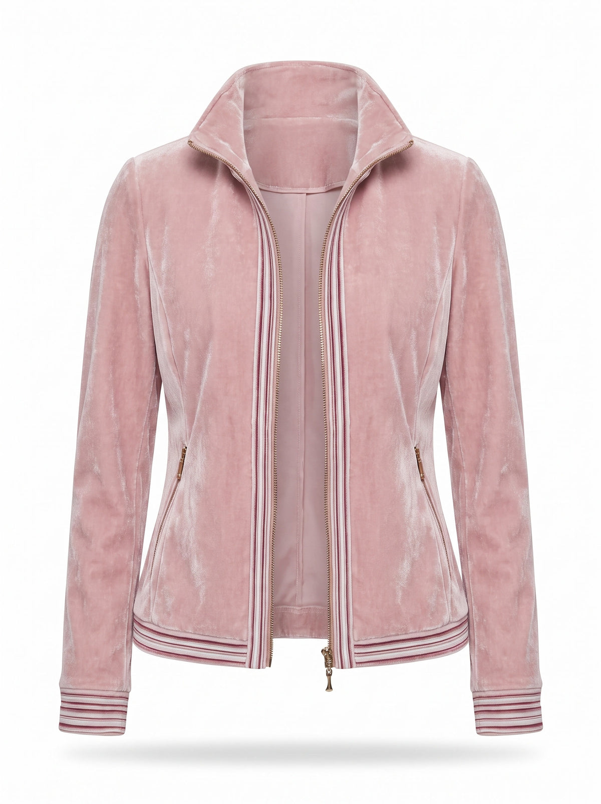 Gilda Women's Striped-Trim Velvet Zip Jacket in pink velvet, ghost mannequin studio shot