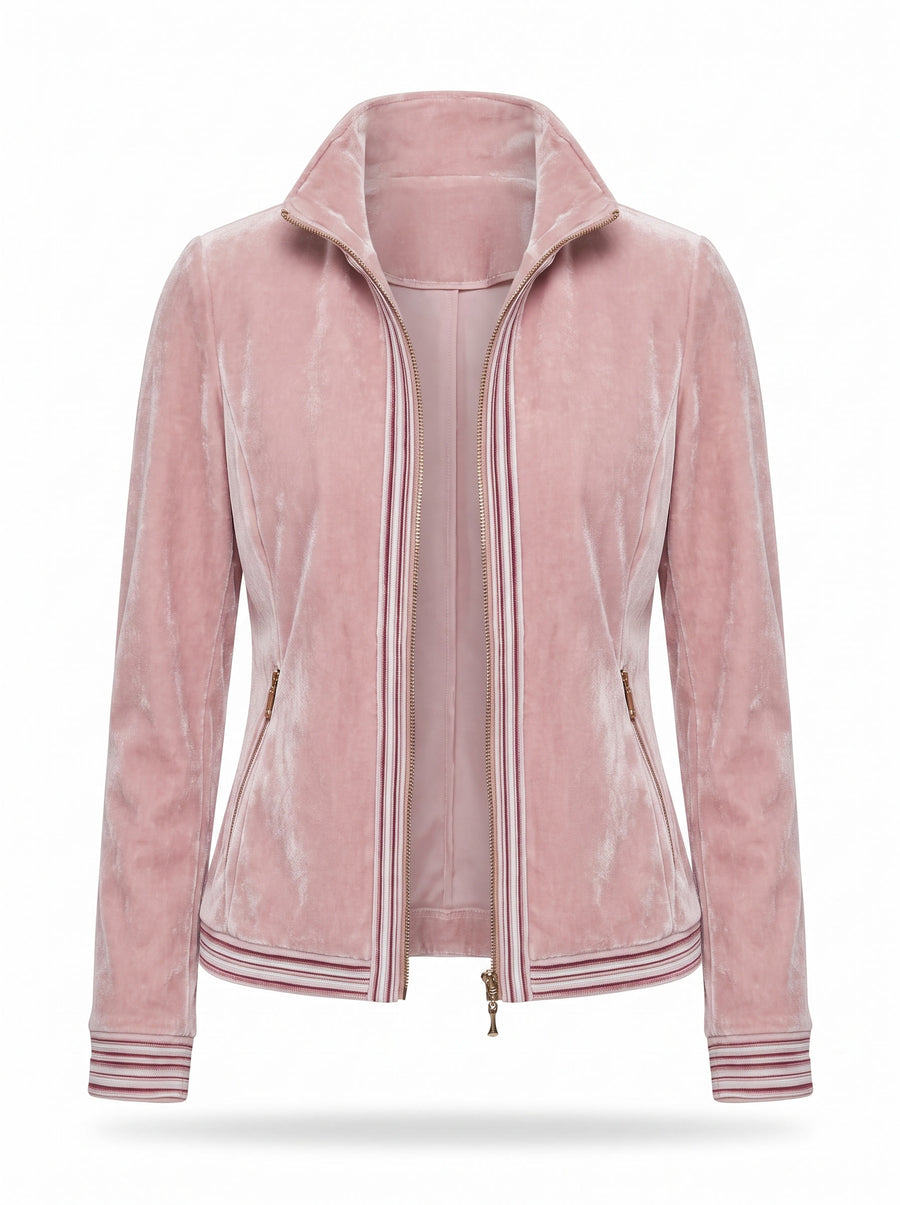 Gilda Women's Striped-Trim Velvet Zip Jacket in pink velvet, ghost mannequin studio shot