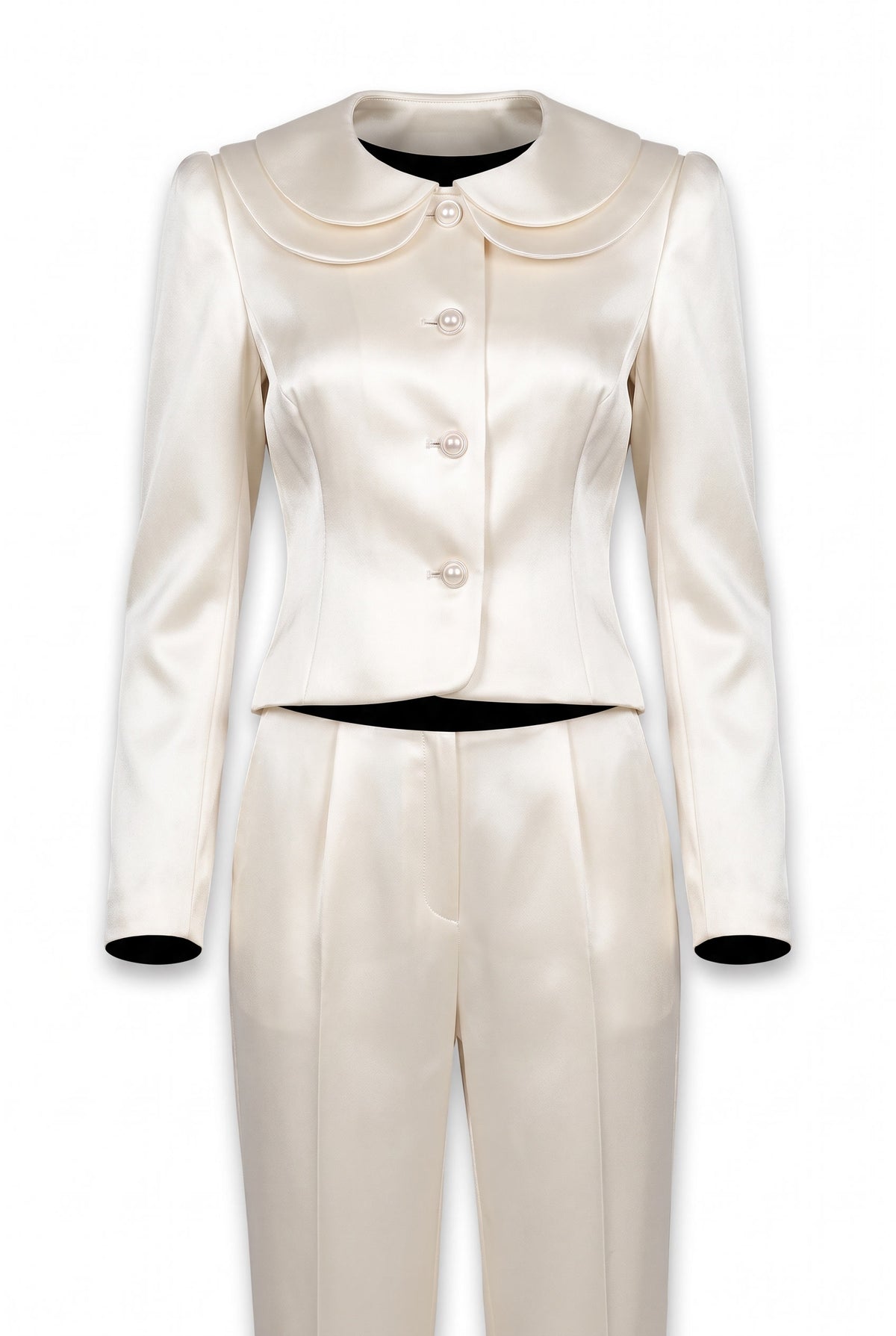 Gilda Women's Satin Peter Pan Collar Blazer Set in ivory, ghost mannequin studio shot