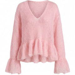 Rhea Women's Ruffled V-Neck Long-Sleeve Pullover Sweater in pink