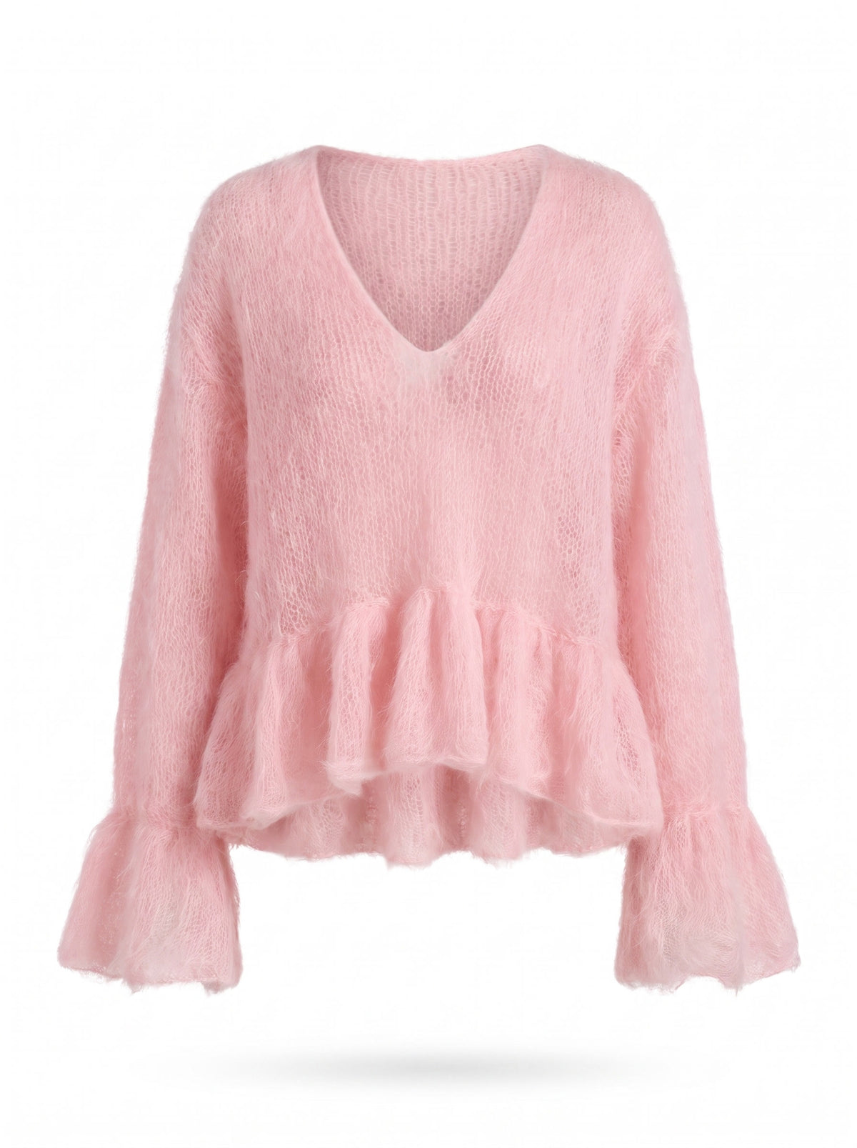 Rhea Women's Ruffled V-Neck Long-Sleeve Pullover Sweater in pink