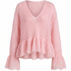 Rhea Women's Ruffled V-Neck Long-Sleeve Pullover Sweater in pink