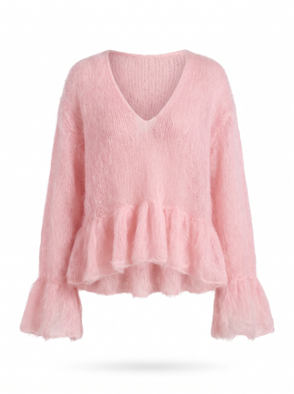 Rhea Women's Ruffled V-Neck Long-Sleeve Pullover Sweater in pink