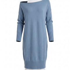 Ingrid dusty blue contrast faux-layered off-shoulder knit midi dress ghost mannequin studio shot