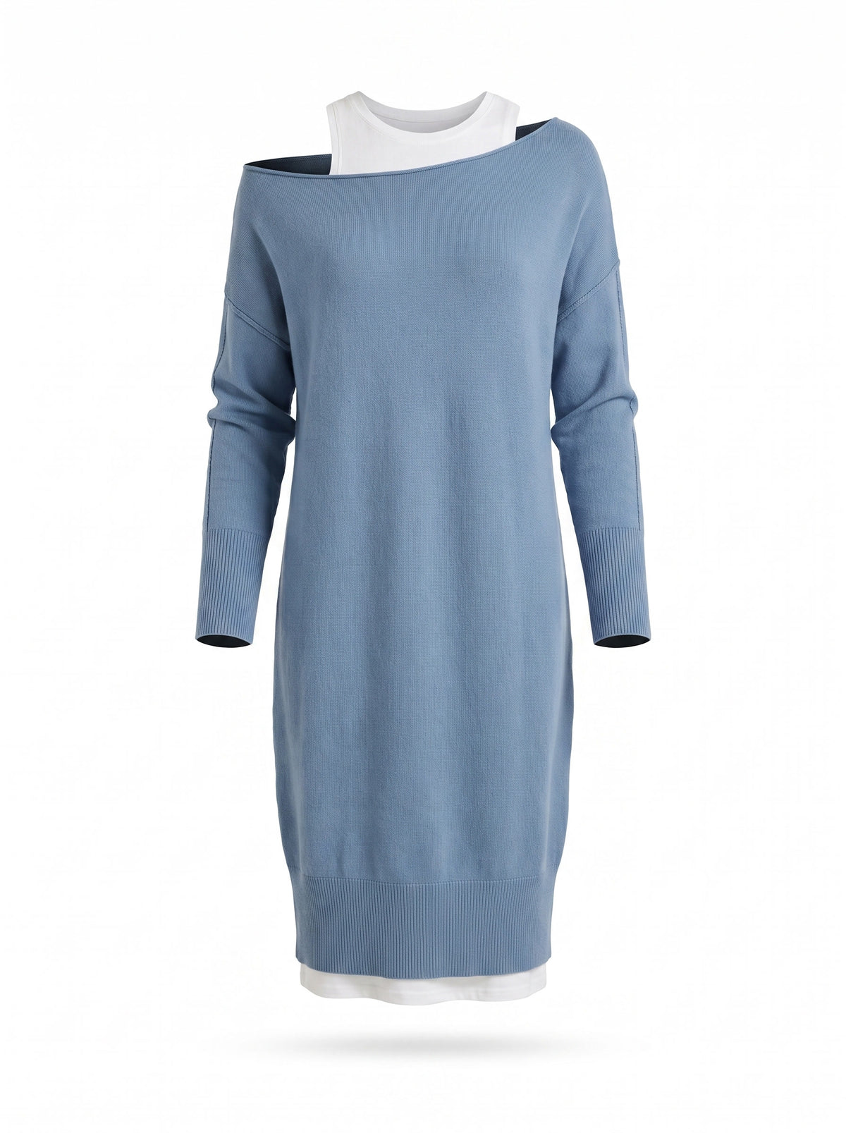 Ingrid dusty blue contrast faux-layered off-shoulder knit midi dress ghost mannequin studio shot