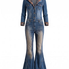 Gwendolyn Women's Hooded Flared Denim Jumpsuit with Plaid Trim