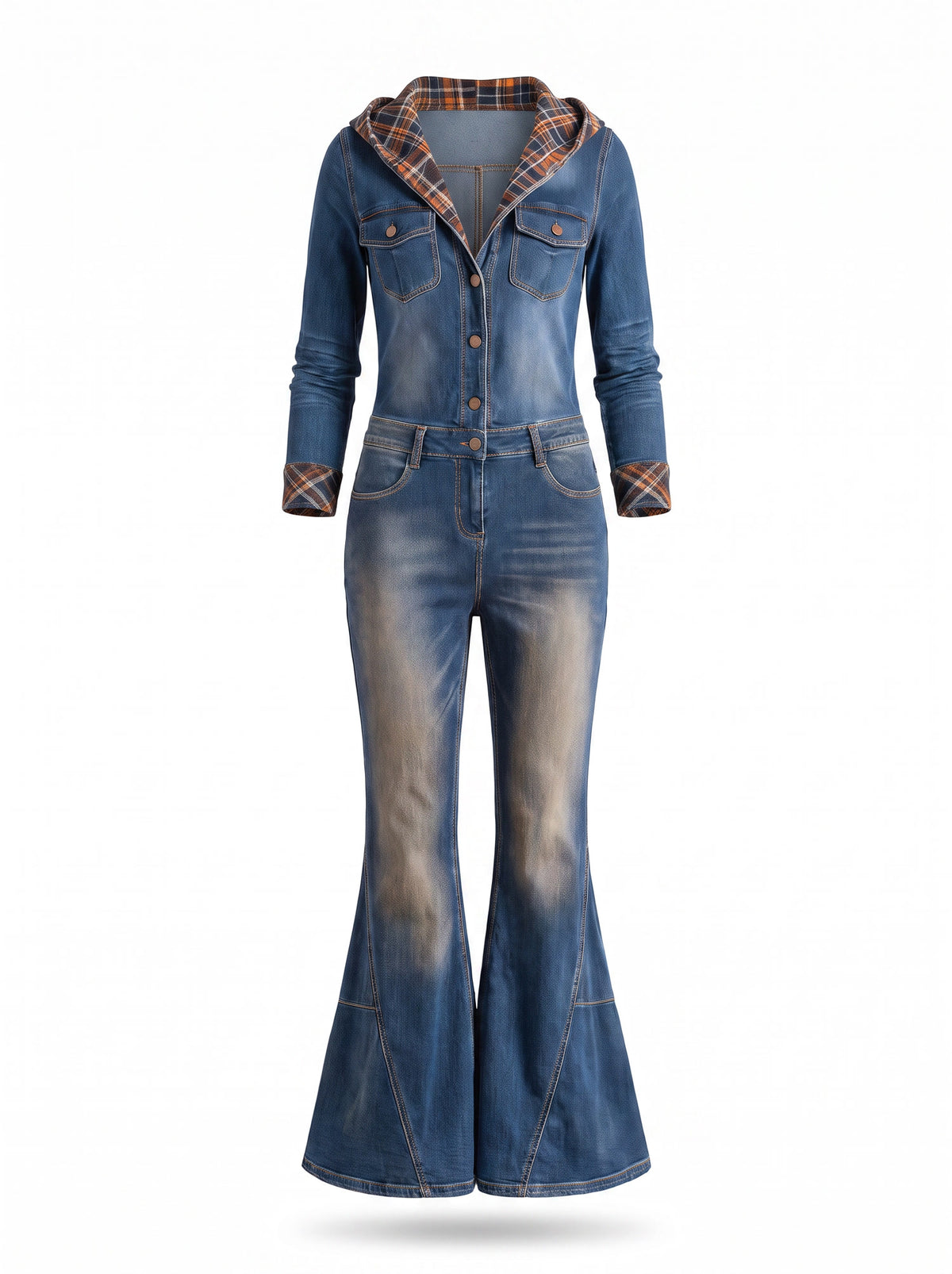 Gwendolyn Women's Hooded Flared Denim Jumpsuit with Plaid Trim