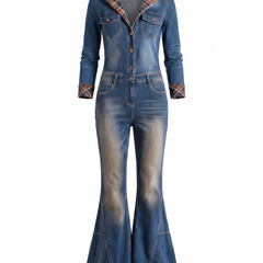 Gwendolyn Women's Hooded Flared Denim Jumpsuit with Plaid Trim