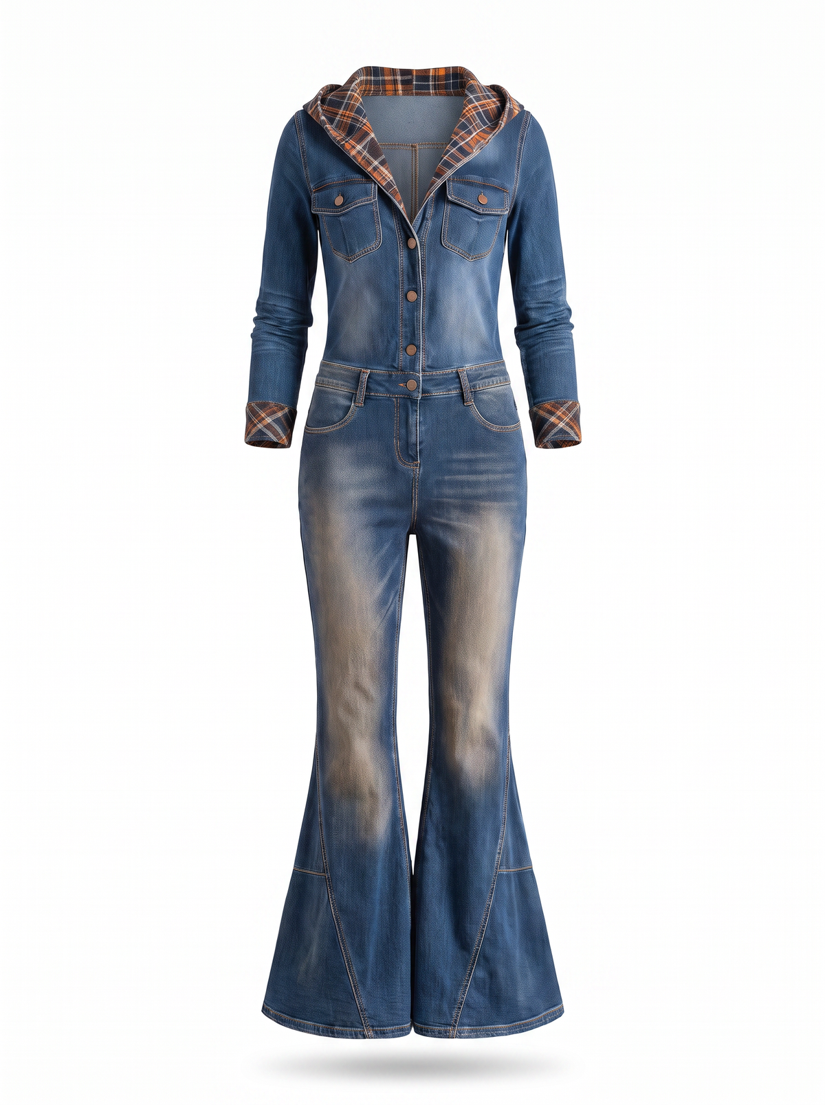 Gwendolyn Women's Hooded Flared Denim Jumpsuit with Plaid Trim