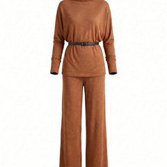 Ophelia women's turtleneck knit top and wide-leg trousers set in brown, studio product shot