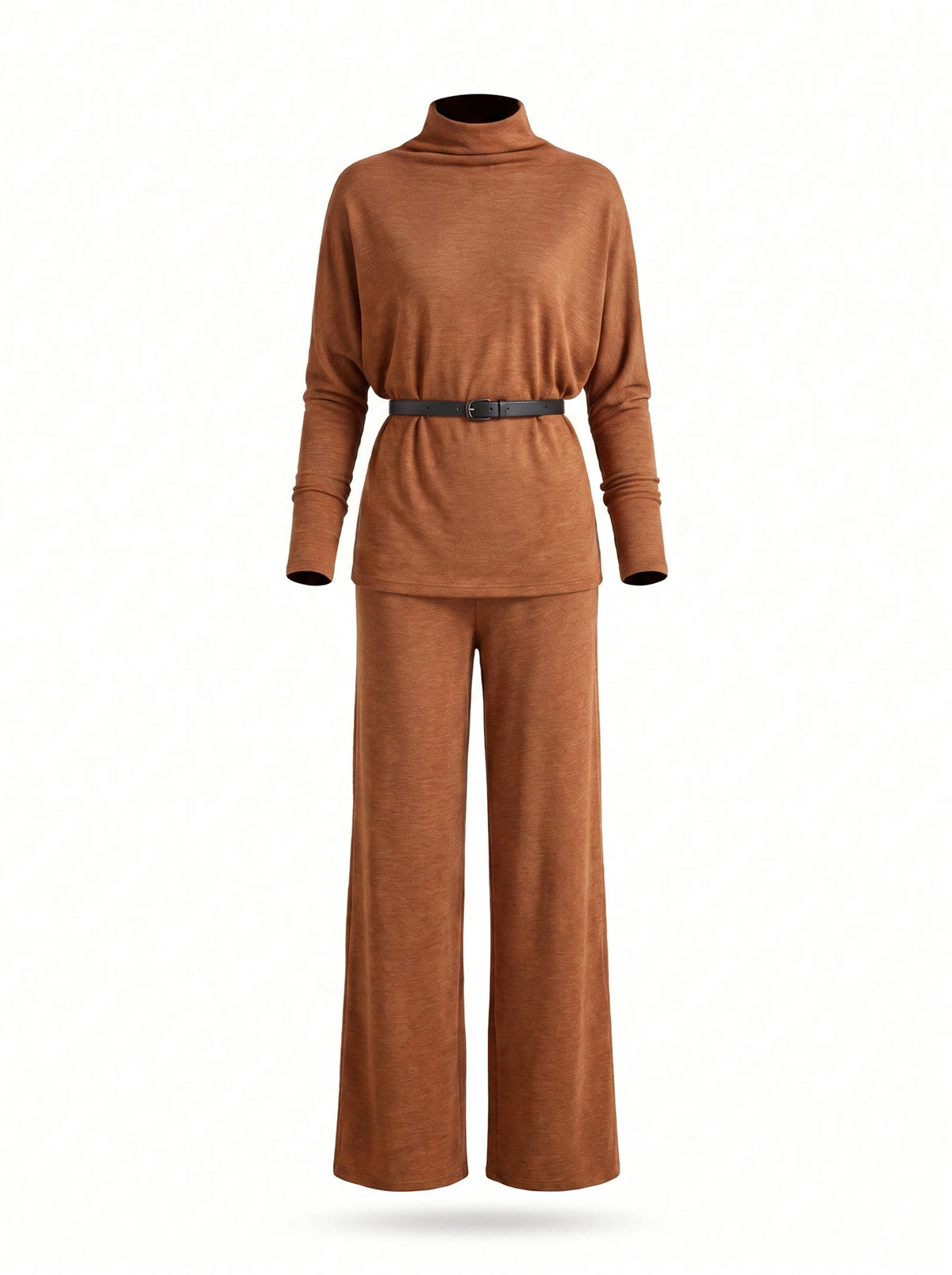 Ophelia women's turtleneck knit top and wide-leg trousers set in brown, studio product shot