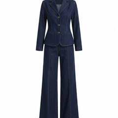 Lottie navy denim blazer and wide-leg trouser two-piece suit, ghost mannequin studio shot