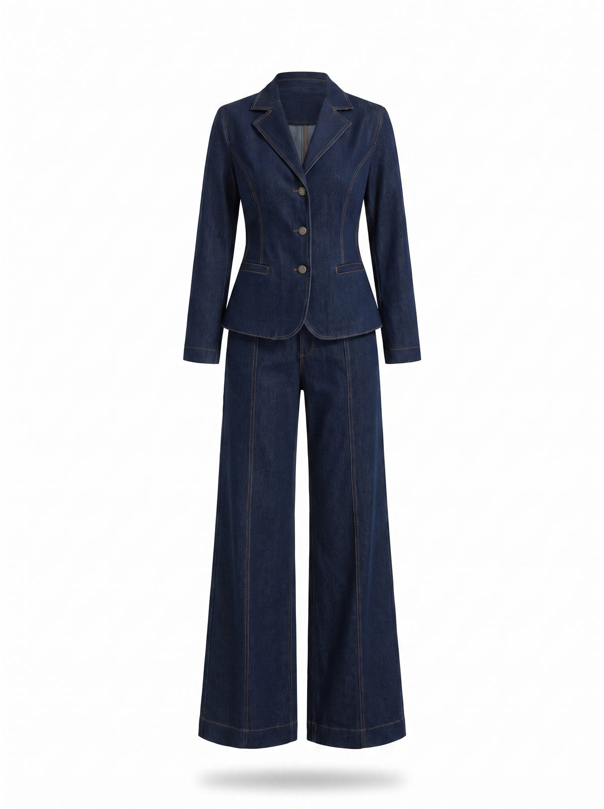 Lottie navy denim blazer and wide-leg trouser two-piece suit, ghost mannequin studio shot