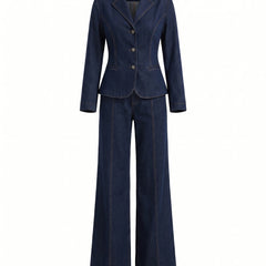 Lottie navy denim blazer and wide-leg trouser two-piece suit, ghost mannequin studio shot