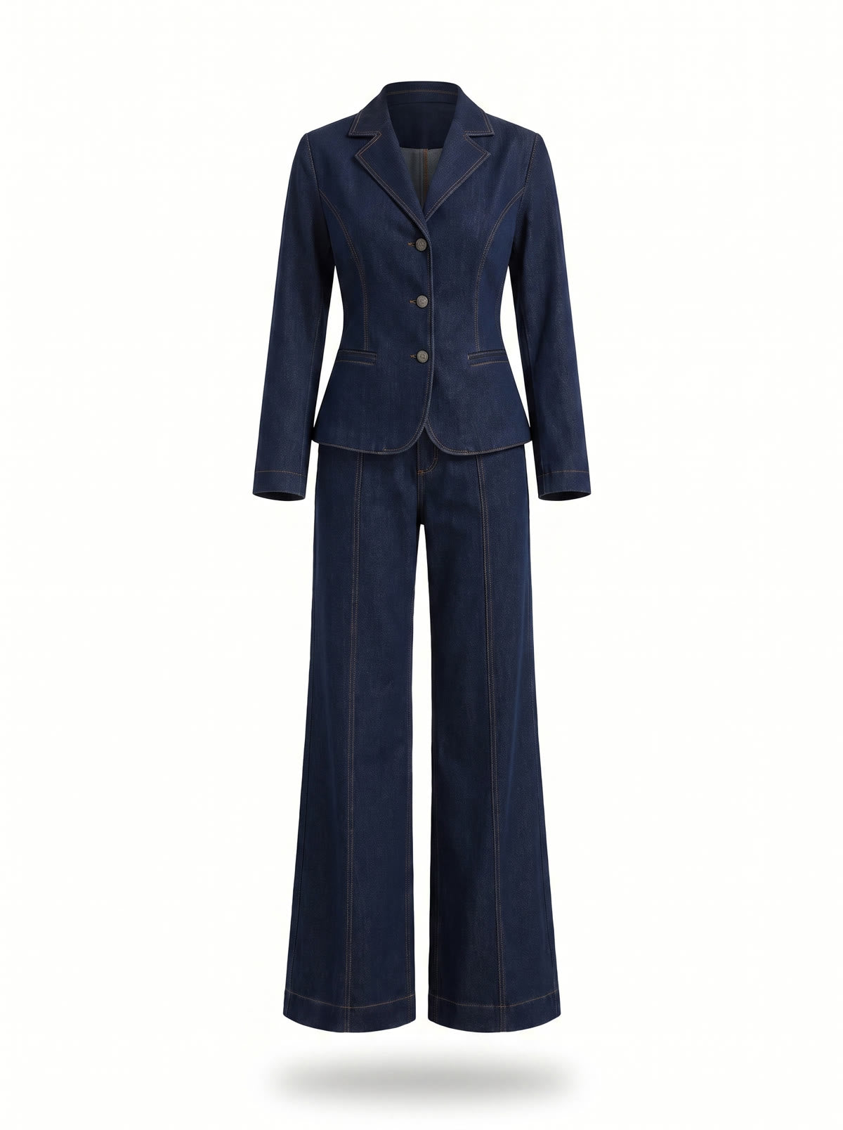 Lottie navy denim blazer and wide-leg trouser two-piece suit, ghost mannequin studio shot