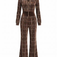 Joyce Women's Retro Plaid Velvet Front-Zip Jumpsuit