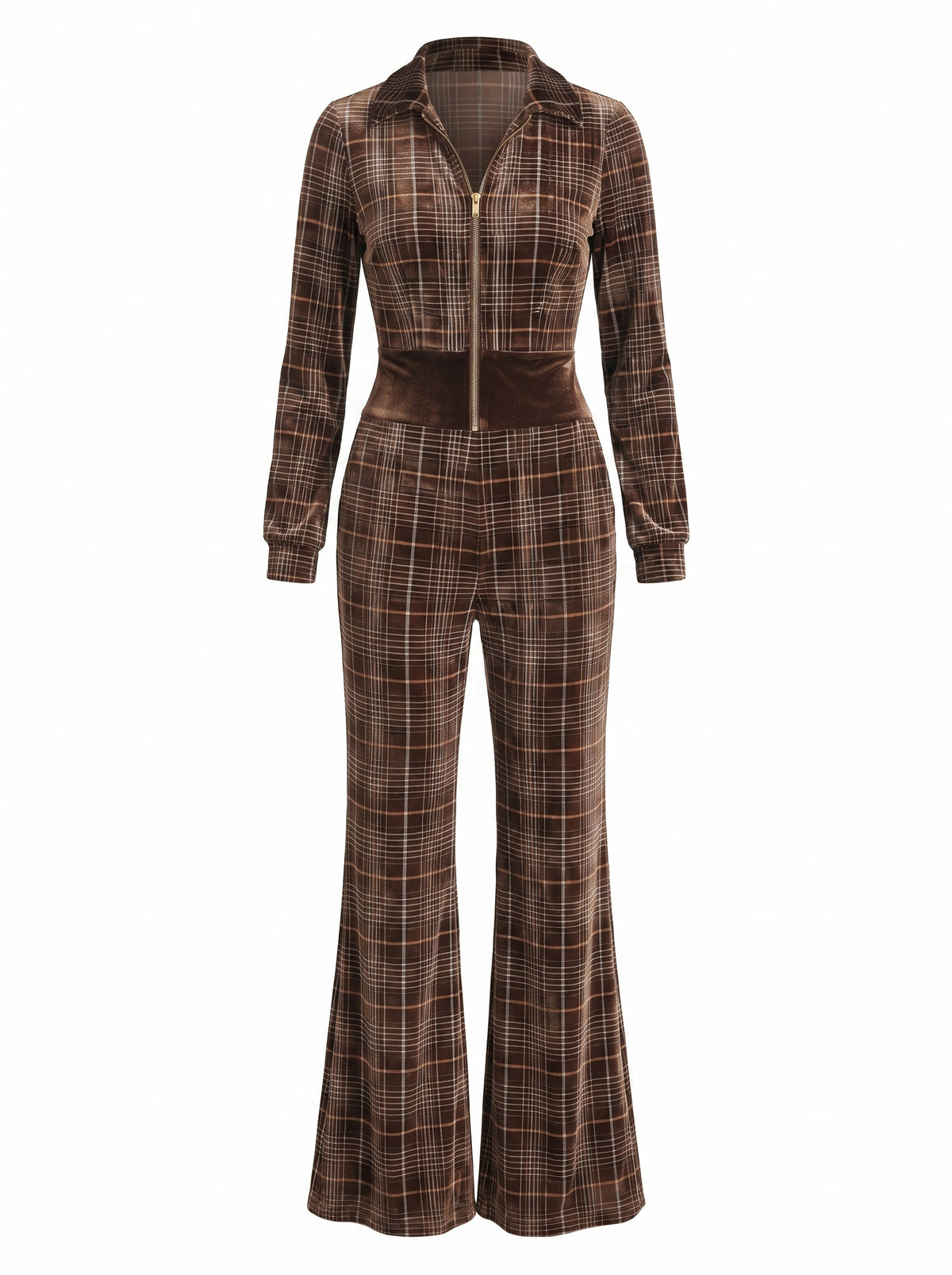 Joyce Women's Retro Plaid Velvet Front-Zip Jumpsuit