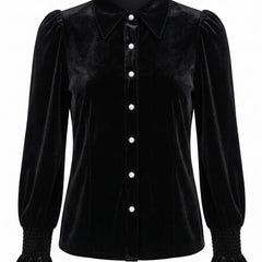 June Women's Velvet Pearl-Button Blouse with Smocked Ruffle Cuffs
