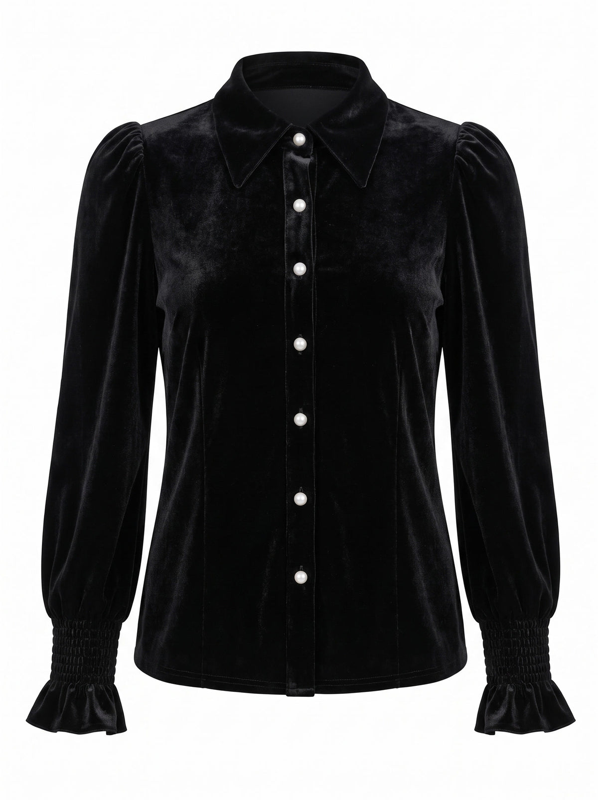 June Women's Velvet Pearl-Button Blouse with Smocked Ruffle Cuffs