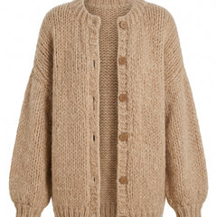 Petra women's button detail relaxed knit cardigan in oatmeal, studio product shot
