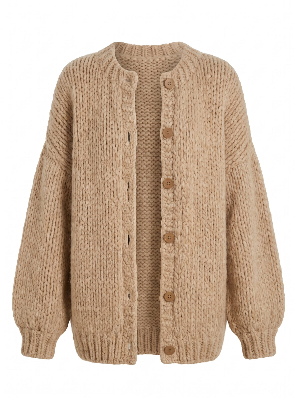 Petra women's button detail relaxed knit cardigan in oatmeal, studio product shot