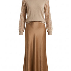 Leonora oatmeal lace-sleeve knit sweater and camel satin midi skirt set