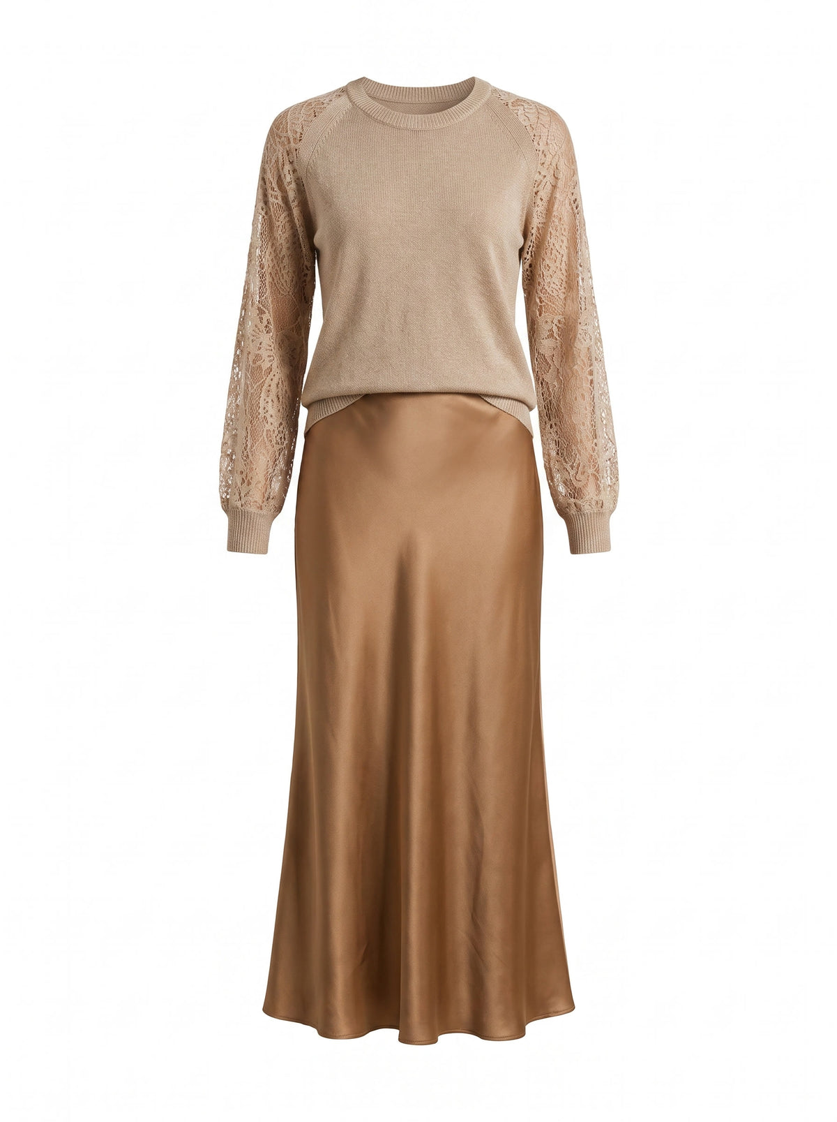 Leonora oatmeal lace-sleeve knit sweater and camel satin midi skirt set