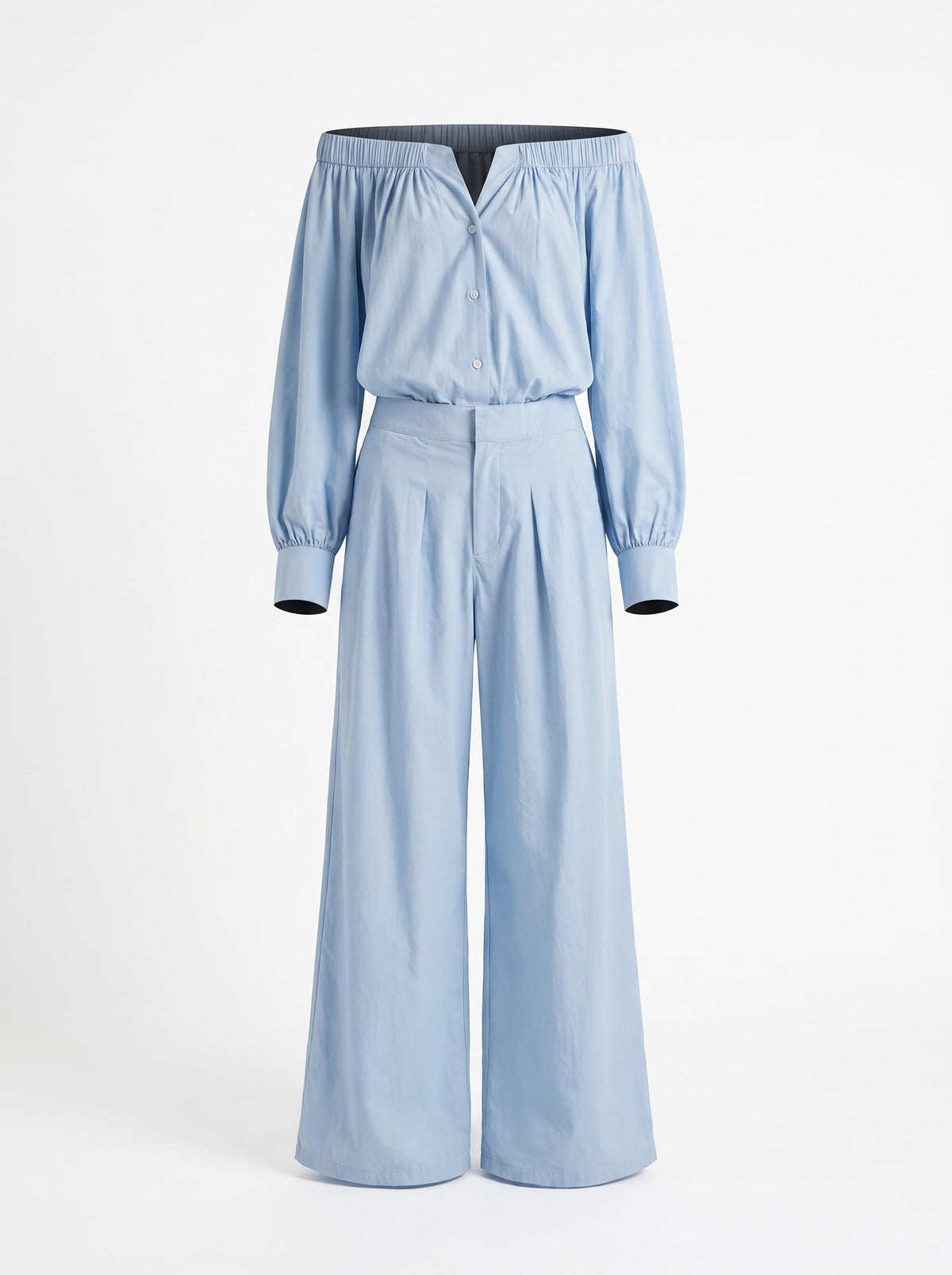Mabel Women's Off-Shoulder Long-Sleeve Woven Jumpsuit in light blue, studio product shot