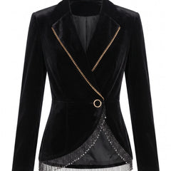 Madeline Women's Chain-Trim Velvet Fringe Blazer in black velvet with gold chain lapel trim and crystal fringe hem