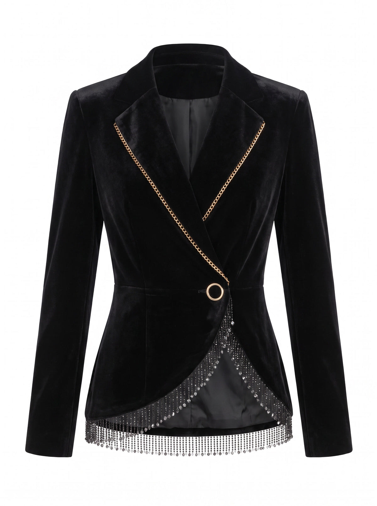 Madeline Women's Chain-Trim Velvet Fringe Blazer in black velvet with gold chain lapel trim and crystal fringe hem