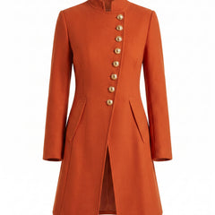 Magda burnt orange asymmetrical stand-collar wool trench coat, studio product shot