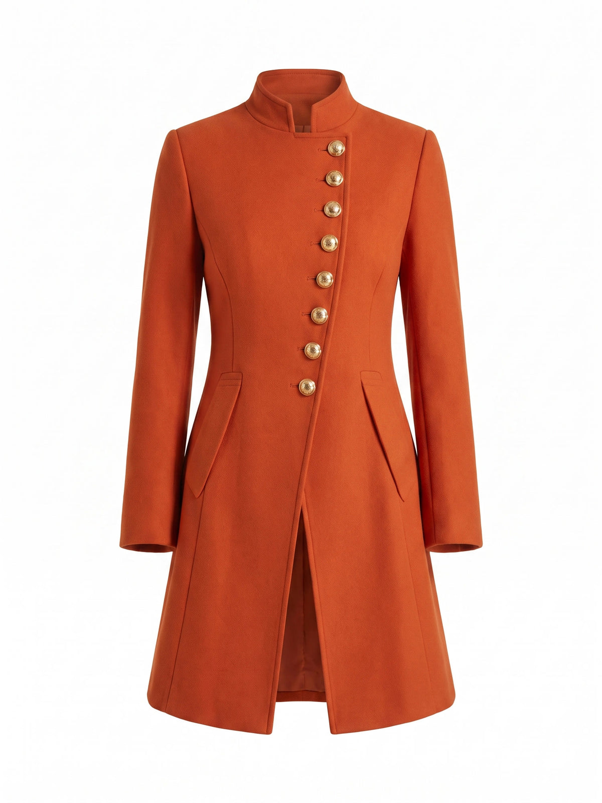 Magda burnt orange asymmetrical stand-collar wool trench coat, studio product shot