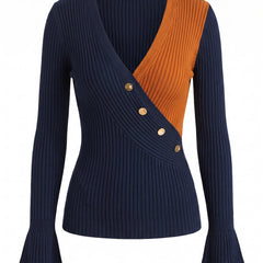 Roberta Women's Retro Surplice Ribbed Knit Top navy orange ghost mannequin studio product shot