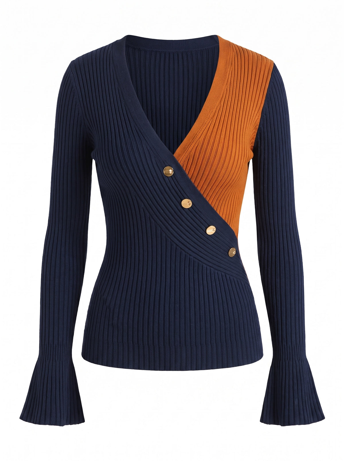 Roberta Women's Retro Surplice Ribbed Knit Top navy orange ghost mannequin studio product shot