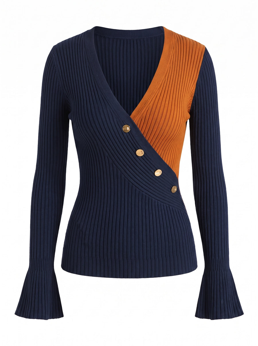 Roberta Women's Retro Surplice Ribbed Knit Top navy orange ghost mannequin studio product shot