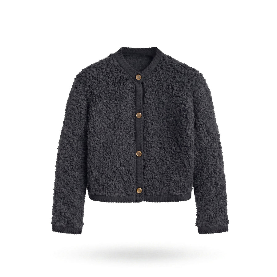 Mercedes women's textured button-front cropped cardigan jacket in charcoal black