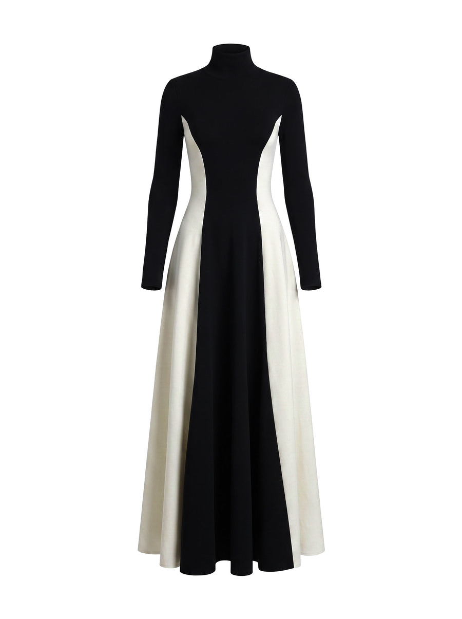 Meredith black and ivory contrast panel turtleneck maxi dress ghost mannequin studio shot
