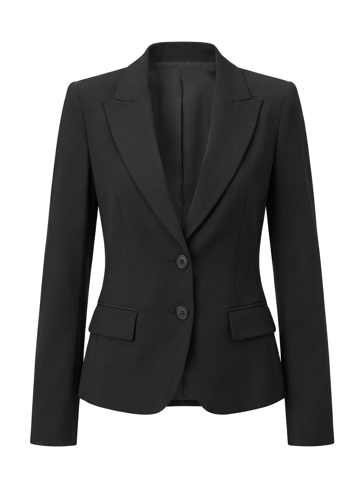 Phyllis women's black peplum two-button business blazer, studio product shot