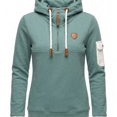 Sabine women's sage green half-zip essentials hoodie with adjustable hood